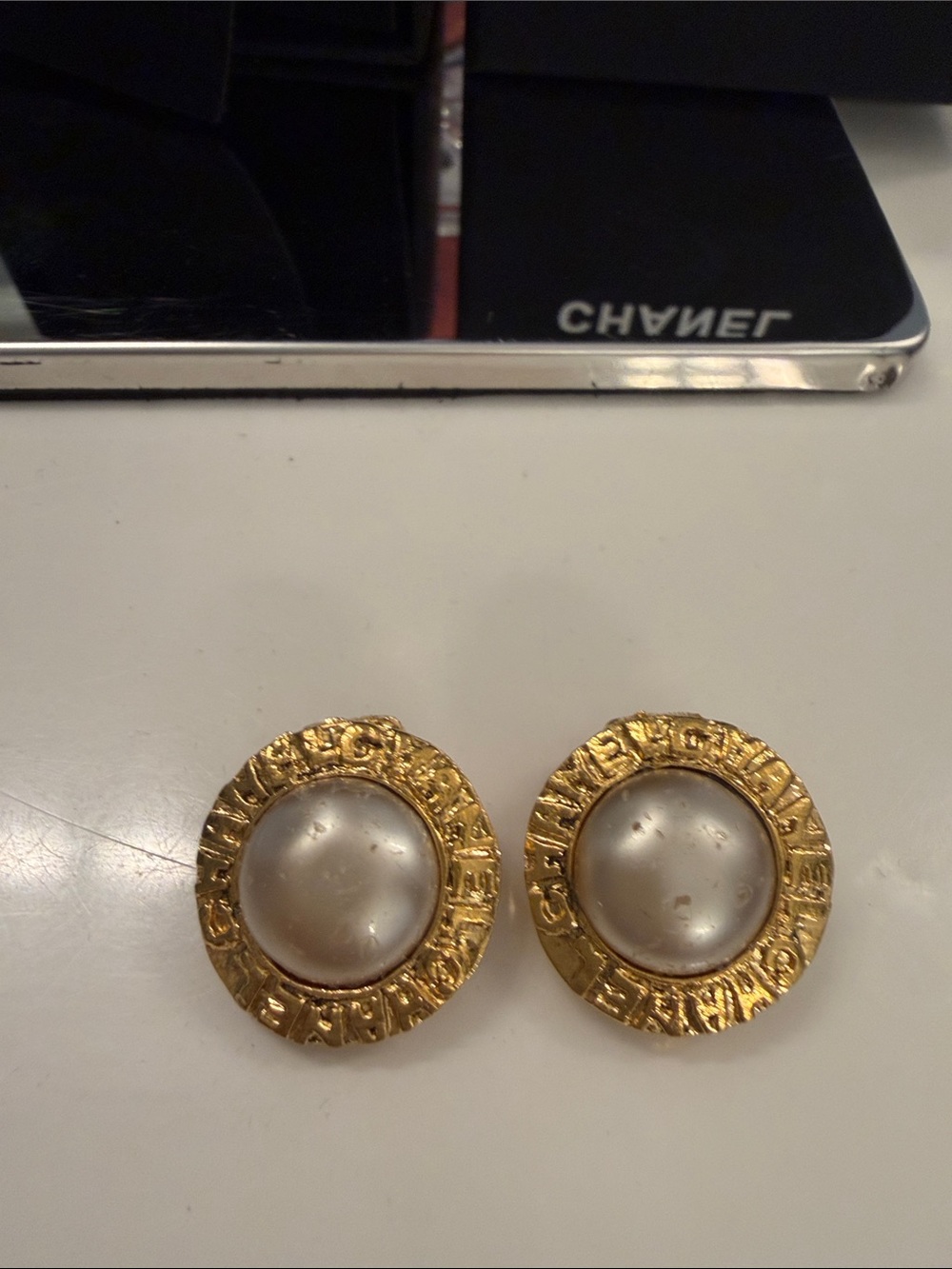 CHANEL Gold-Tone Round Logo Pearl Button Earrings - Picture 6 of 7